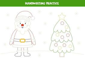 Tracing lines for kids with cute Santa Claus and xmas tree. Writing practice. vector