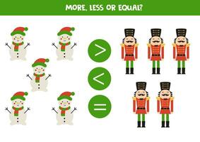 Grater, less or equal with cartoon snowmen and nutcrackers. vector