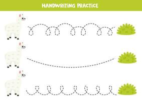 Tracing lines for kids. Cute cartoon alpaca and bush. Handwriting practice. vector