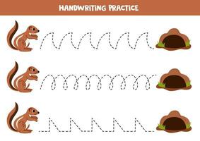 Tracing lines for kids. Cute cartoon xerus and its hole. Handwriting practice. vector