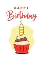 Birthday card. Happy Birthday lettering and cupcake with candle vector