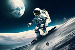 astronauta en espacio traje surf en tabla de snowboard foto