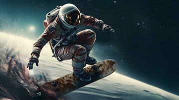 Astronaut on snowboard outer space photo