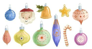 New year and Christmas toys on spruce. Childish hand painted ill vector