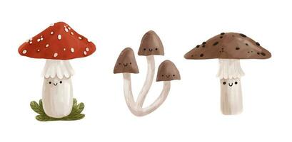 funny cartoon hand painted forest mushrooms with faces. Childish illustration vector