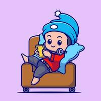 Cute Boy Operating Phone On Sofa Cartoon Vector Icon  Illustration. People Technology Icon Concept Isolated  Premium Vector. Flat Cartoon Style