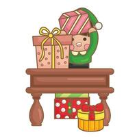 Happy Kids Elf with Christmas Gift Decoration Background Cartoon Illustration Vector Clipart Sticker