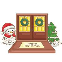 Snowman Door Christmas Decoration Background Cartoon Illustration Vector Clipart Sticker