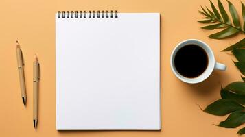 AI generated Top view of blank notebook, pen, coffee cup light background. Creative workspace office. Business concept. Created with Generative AI photo