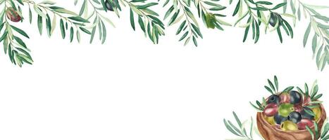 Horizontal frame, border with olive branches and ripe fruits. Olives in a wooden bowl. Watercolor hand drawn illustration. Perfect as a web banner, for menu design. vector