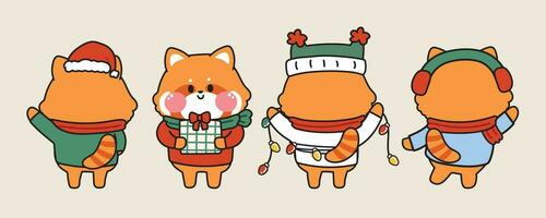 Set of cute behind red panda in merry christmas concept.Funny animal character in various poses.Cartoon hand drawn.Winter.New year.Kawaii.Vector.Illustration. vector