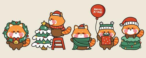 Set of cute red panda wear santa hat in various poses.Merry christmas concept.Winter.New year festival.Animal cartoon character design collection.Kawaii.Vector.Illustration. vector