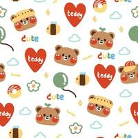 Seamless pattern of cute teddy bear face with tiny icon on white background.Colorful. vector