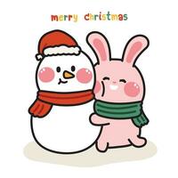 Cute rabbit hug snowman on white background.Merry christmas concept.Winter.Snow.Animal character cartoon design.Image for card,poster,sticker.Baby clothing.Kawaii.Vector.Illustration. vector