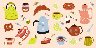 Vector set of tea party elements. Teapot, cup, donut, croissant, kettle.  Cute collection of hand drawn teapots and cups. Objects on isolated background. Doodle style. Banner, poster.