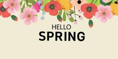 Hello spring. Spring abstract background, banner, poster with spring flowers and leaves. Spring leaves. Modern trendy colorful design. Template for advertising, web, social media. vector