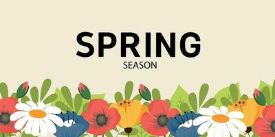 Spring seasonal minimal banner with border bright flowers with place for text. Trendy modern background. Template for advertising, web, social media. vector