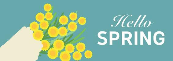 Hola primavera linda tarjeta con flores y letras vector ilustración. primavera fondo, cubrir, rebaja bandera, volantes diseño. modelo para publicidad, web, social medios de comunicación.