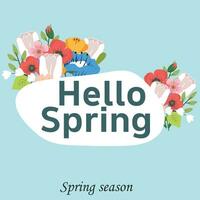 Hello spring vector greetings design. Spring text with colorful flower elements in blue background for spring season. For template, banners, wallpaper, flyers, invitation, posters, brochure, voucher