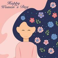 Happy Women's Day. Greeting card, poster, template. Woman with spring flowers in hair. Spring background, cover, sale banner, flyer design. Template for advertising, web, social networks. vector