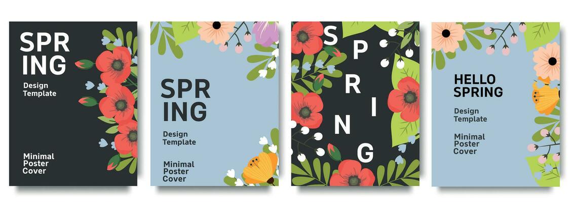 Set of trendy minimal spring posters with bright beautiful flowers and modern typography. Spring background, cover, sale banner, flyer design. Template for advertising, web, social media.
