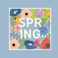 Spring square background, frame with colorful flowers and leaves. Trendy modern design. Vector template for card, banner, invitation, social media post, poster, mobile apps, web ads