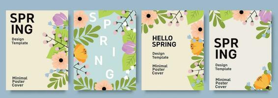 Set of trendy minimal spring posters with bright beautiful flowers and modern typography. Spring background, cover, sale banner, flyer design. Template for advertising, web, social media. vector
