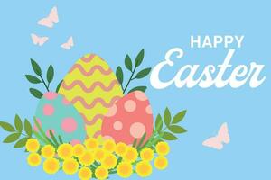 Postcard template with a silhouette Easter eggs, rabbit and flowers in flat style. Spring background, cover, sale banner, flyer design. Template for advertising, web, social media. vector