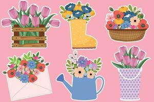 Spring set of stickers. Bouquets of flowers in a watering can, basket, envelope, box, boot. Seasonal symbols. Suitable for scrapbooking, greeting card, stickers, flower shop vector