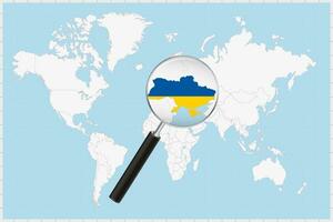 Magnifying glass showing a map of Ukraine on a world map. vector