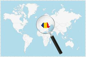Magnifying glass showing a map of Romania on a world map. vector