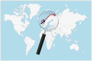 Magnifying glass showing a map of Norway on a world map. vector
