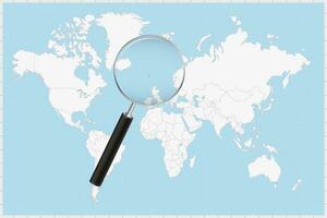 Magnifying glass showing a map of Faroe Islands on a world map. vector