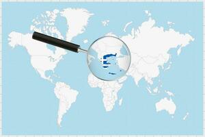 Magnifying glass showing a map of Greece on a world map. vector