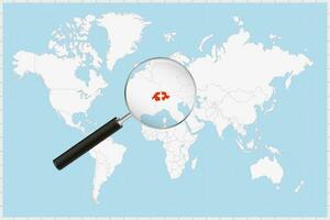 Magnifying glass showing a map of Switzerland on a world map. vector