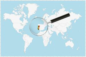 Magnifying glass showing a map of Portugal on a world map. vector