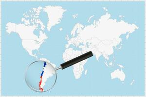 Magnifying glass showing a map of Chile on a world map. vector