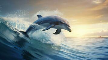 AI generated Majestic white humpback whale leaps out of the water in a beautiful seascape. The species is endangered. photo