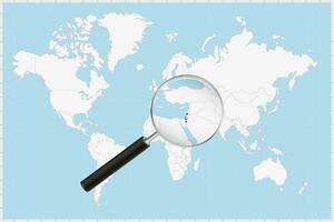 Magnifying glass showing a map of Israel on a world map. vector