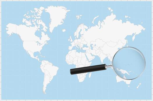 Magnifying glass showing a map of Micronesia on a world map. vector