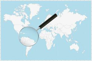 Magnifying glass showing a map of Trinidad and Tobago on a world map. vector