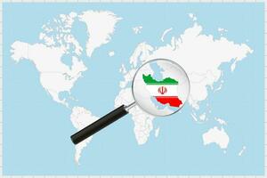 Magnifying glass showing a map of Iran on a world map. vector