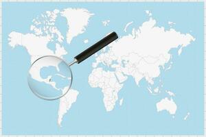 Magnifying glass showing a map of Belize on a world map. vector