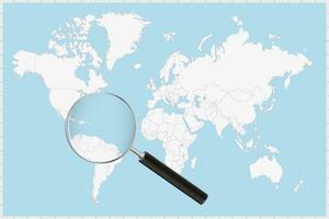 Magnifying glass showing a map of Barbados on a world map. vector