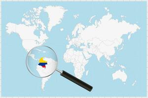 Magnifying glass showing a map of Colombia on a world map. vector