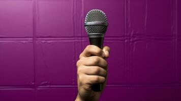 Hands Holding Microphone on Vibrant Background, AI Generative photo