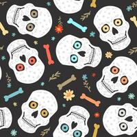 Seamless vector pattern of skulls, bones and flowers. Day of the Dead.
