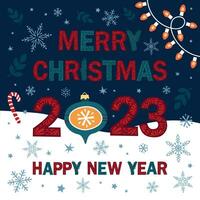 Merry Christmas and Happy New Year 2023 card with different winter elements. Cute hand drawn illustration. vector