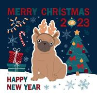 Merry Christmas and Happy New Year card with dog with different winter elements. Cute hand drawn illustration. vector