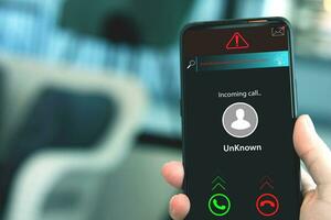 Innovation and technology of unknown call notification applications on smartphones. Concept of prevention and safety of scammers photo